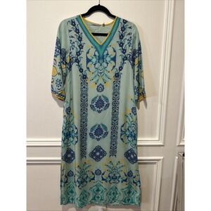 Soft Surroundings Dress Petite PS Green V-Neck Caftan Maxi Boho Resort Coastal